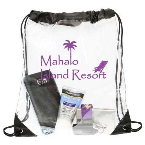 A clear drawstring bag containing a phone, sunscreen, and other small items, featuring a logo.