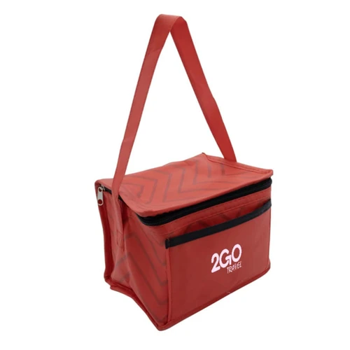 A red cooler bag with a zippered front pocket and a shoulder strap, featuring a logo.