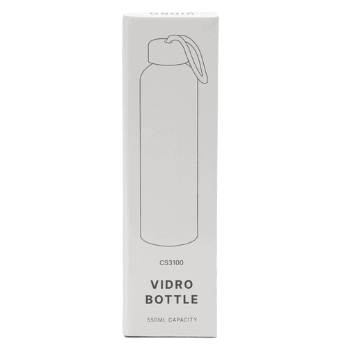 A drink bottle with a sleek design, featuring a lid and an attached carrying loop, in white packaging.