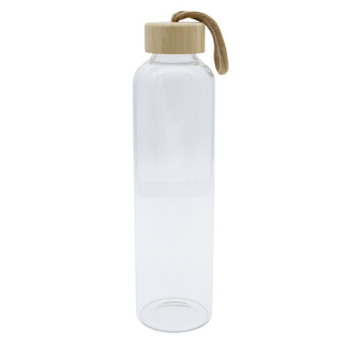 A drink bottle made of clear glass with a bamboo lid and a rope handle.