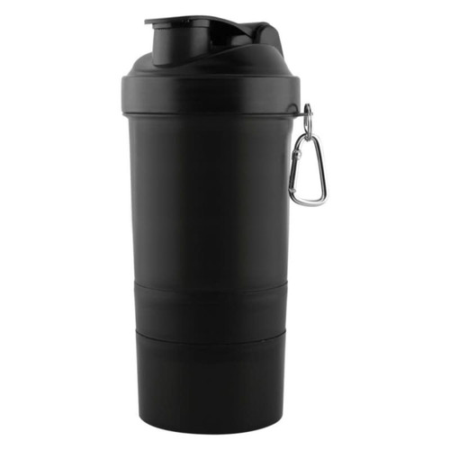 A drink bottle featuring a black 3 in 1 shaker cup design, equipped with a carabiner and a lid.