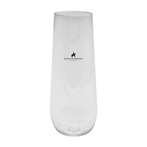 A clear, stemless shatterproof champagne glass featuring a logo, suitable for drinkware.