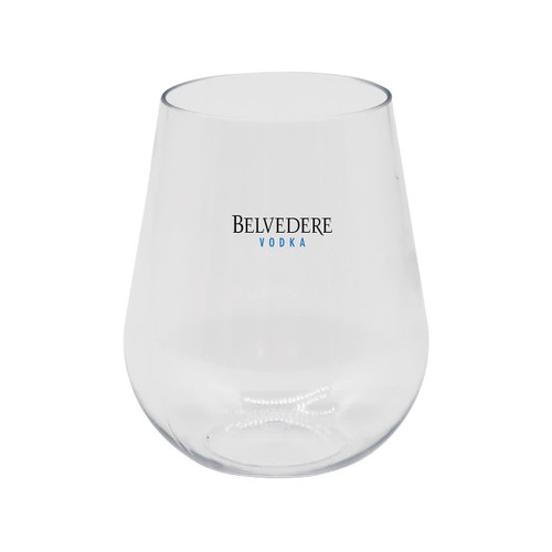 A stemless, shatterproof white wine glass in clear plastic featuring a logo.