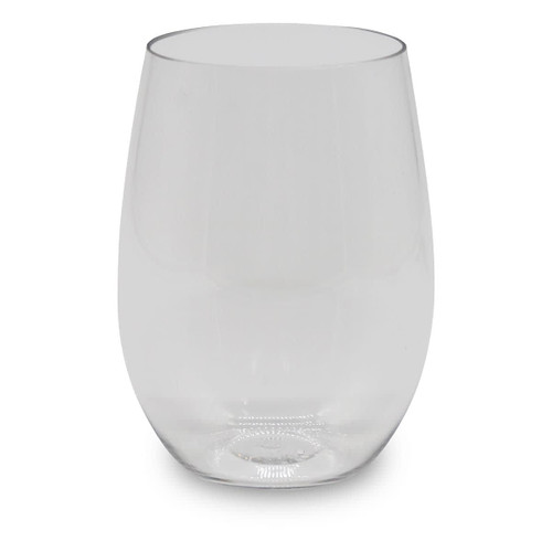 A clear, stemless shatterproof red wine glass with a smooth and rounded shape, designed for casual use.