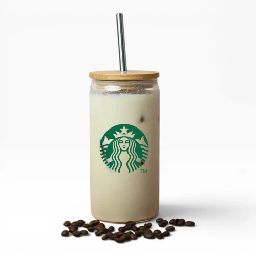 A drink bottle with a wooden lid and metal straw, featuring a logo, surrounded by coffee beans.