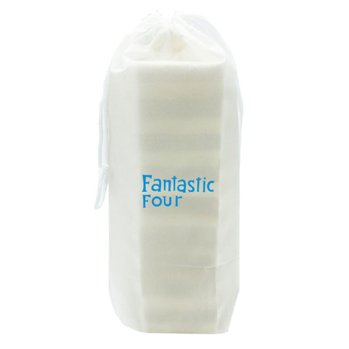 A white pouch containing a stacking puzzle set, featuring a logo. The pouch has a drawstring closure.