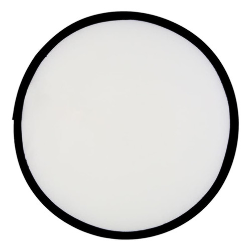 A foldable flying disc with a white centre and a black border, featuring a logo.