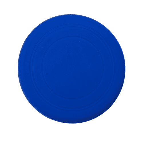 A blue silicone frisbee with a smooth surface and a circular design, featuring an emblem.
