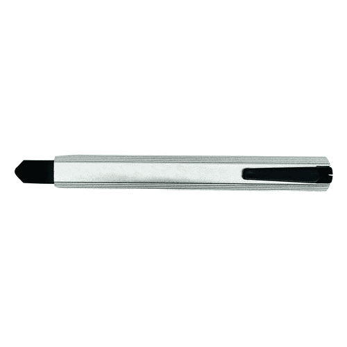 A silver slimline retractable box cutter with a black sliding mechanism and a keyring attachment.