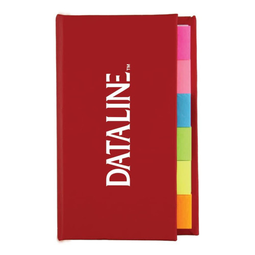 A red book with a logo, featuring various sticky note markers in pink, blue, green, yellow, and orange.