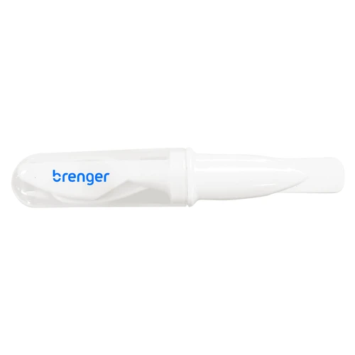 A white promotional product with a transparent cap and a logo. The item appears to be a tool for slicing or spreading.