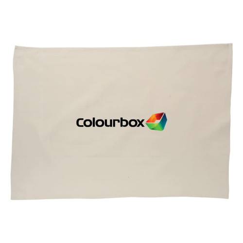 A cotton tea towel in cream colour featuring a logo at the centre.