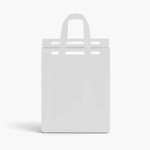 A white insulated reusable bag with two handles, featuring a simple design. It has a logo on the front.