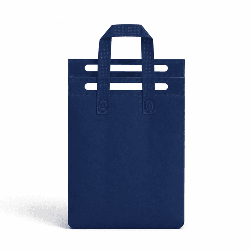 A navy blue insulated reusable bag with multiple handles and a sleek, simple design. Features a logo.