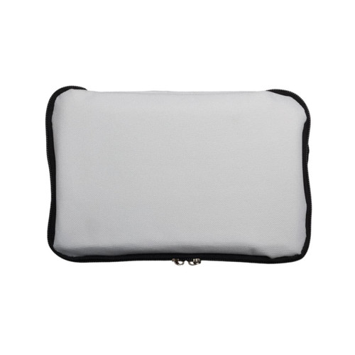A gray cooler bag with a black zipper and trim, featuring a logo on the front.