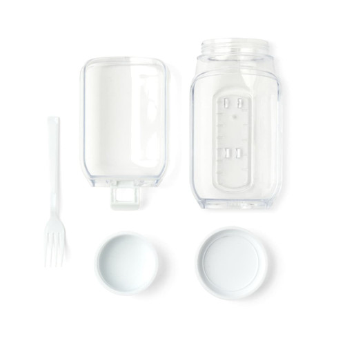 A clear plastic salad jar with a separate container, a fork, and two white lids.