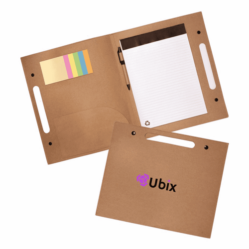 A brown Enviro Folder with a notepad, sticky notes, and a pen, featuring a logo.