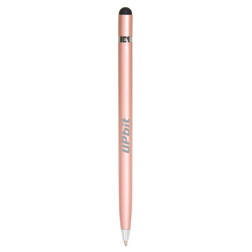 A metal pen in a rose gold colour with a stylus tip at one end and a branding logo.