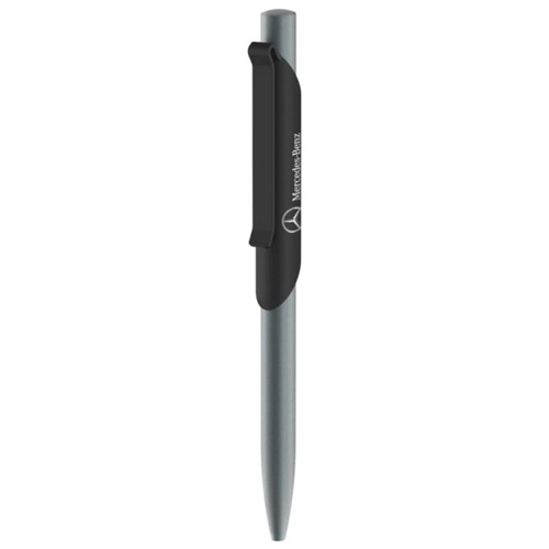 A metal pen with a silver body and a black clip, featuring a logo on the side.