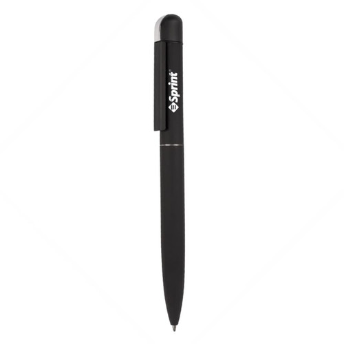 A black metal pen with a rounded top and a clip, featuring a logo on the side.