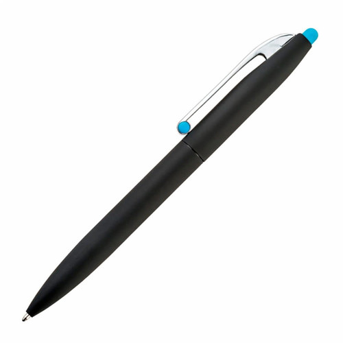 A black pen with a silver clip and a turquoise accent on the top. It features a sleek design and a branding logo.