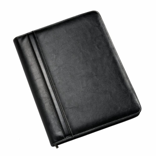 A black notepad with a smooth leather-like cover and a side elastic closure. It features a logo on the front.