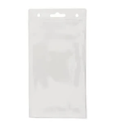 A clear, flat badge holder with a hang hole at the top, designed for holding event badges or cards.