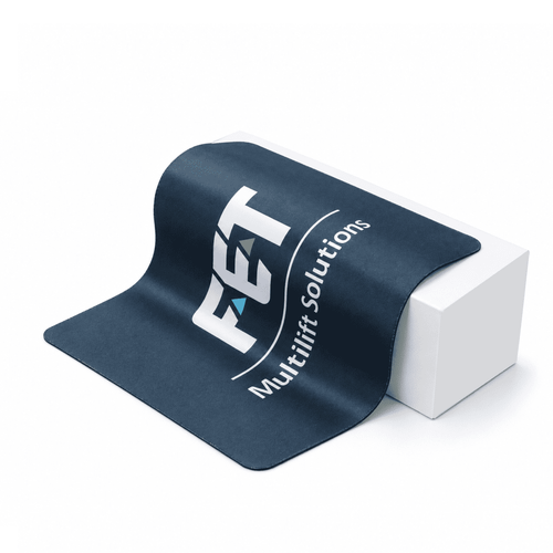 A navy fabric mouse mat featuring a logo, with dimensions of 225mm by 185mm and a thickness of 1mm.