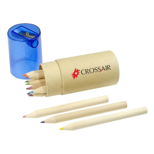 A set of coloured pencils in a cardboard tube, featuring various colours and a blue sharpener.