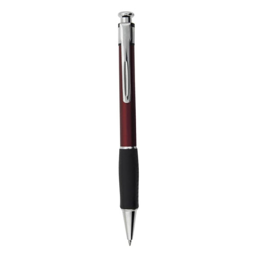 A maroon plastic pen with a silver clip and a black rubber grip, featuring a logo on the barrel.