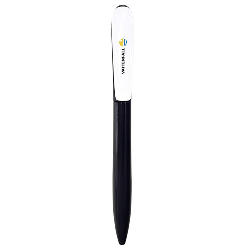 A black and white plastic pen featuring a logo on the clip. Ideal for writing and promotional use.