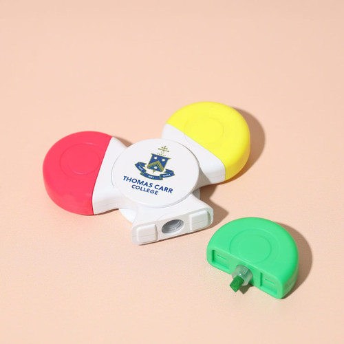 A Fiddle Spinner Highlighter with red, yellow, and green ends, featuring a branding logo on a white body.