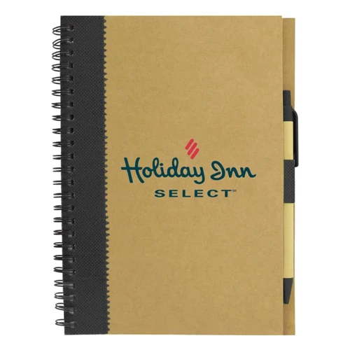 A recycled paper notebook in brown with a spiral binding and a pen holder, featuring a logo on the cover.