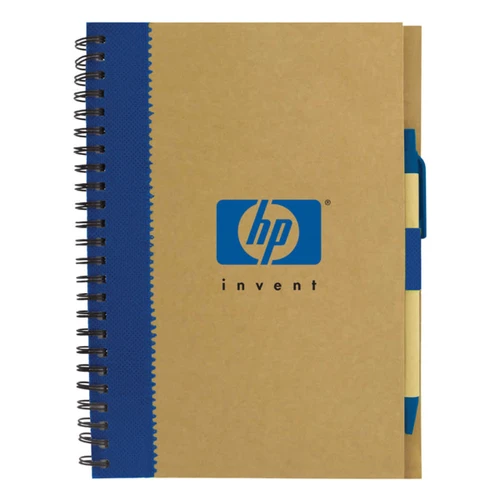 A recycled paper notebook with a brown cover, blue spiral binding, and a matching pen attached. Features a logo.