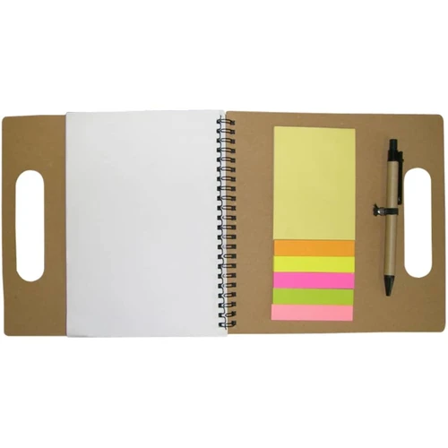A recycled notebook in brown, featuring a blank page, sticky notes in pink, yellow, and orange, and a pen.