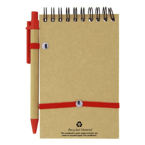 A brown recycled jotter pad with a red pen, featuring a loop band and spiral binding.