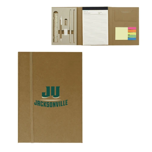 A brown A5 notepad with an elastic band, containing pens, sticky notes, a ruler, and a pocket for documents.