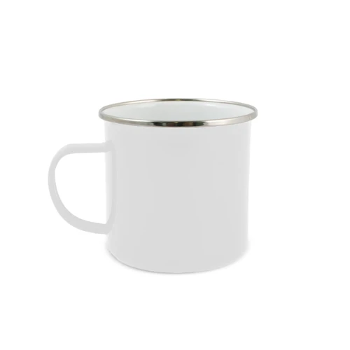 A white mug with a silver rim and a handle, featuring a simple and sleek design.