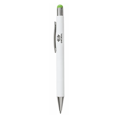 A white pen with a chrome clip and a green rubber tip, featuring a logo on the barrel.