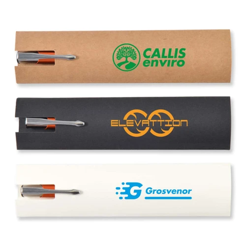 Three cardboard pen sleeves in brown, black, and white, each featuring a logo and holding a pen.