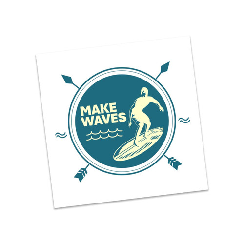 A square temporary tattoo featuring a teal and cream design of a surfer with the words "MAKE WAVES" and decorative arrows.