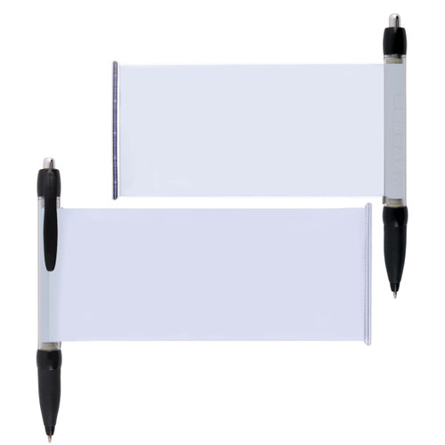 A plastic pen in black with a clear banner area for customization, featuring a simple design with a clip.