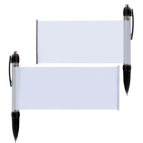 A plastic pen displaying a clear banner section, with a black grip and silver clip.