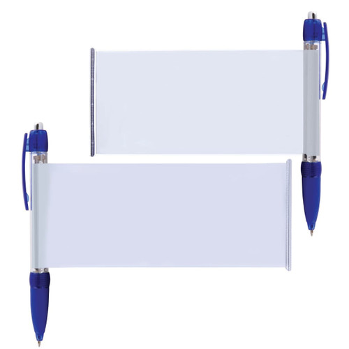 A blue plastic pen with a clear banner for personalization, featuring a back clip for easy attachment.