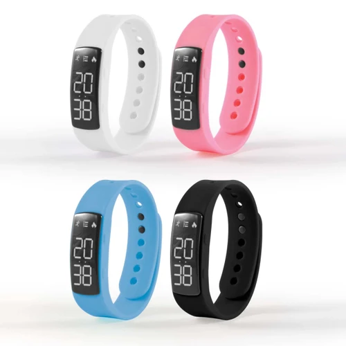 A set of four pedometers in white, pink, blue, and black, featuring a digital display and adjustable bands.