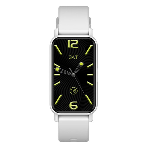 A slim smart watch with a white strap featuring a black face and glowing yellow hour markers. It has a branded logo.