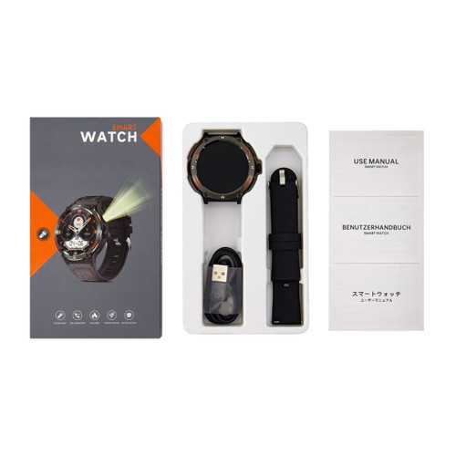 A smart watch in a black and orange box, featuring a round display, extra strap, USB charging cable, and user manuals.
