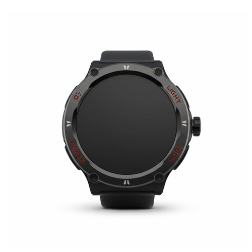 A black smartwatch with a round face, featuring a sleek design and various function buttons. It has a logo on the side.