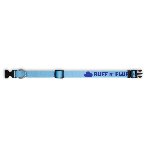A woven dog collar in light blue with black buckles and a logo, featuring the text "RUFF N' FLUFF".