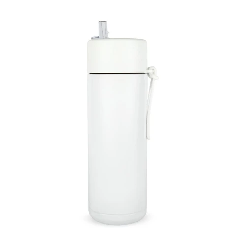 A drink bottle in white with a straw and a carry strap, featuring a simple, sleek design.